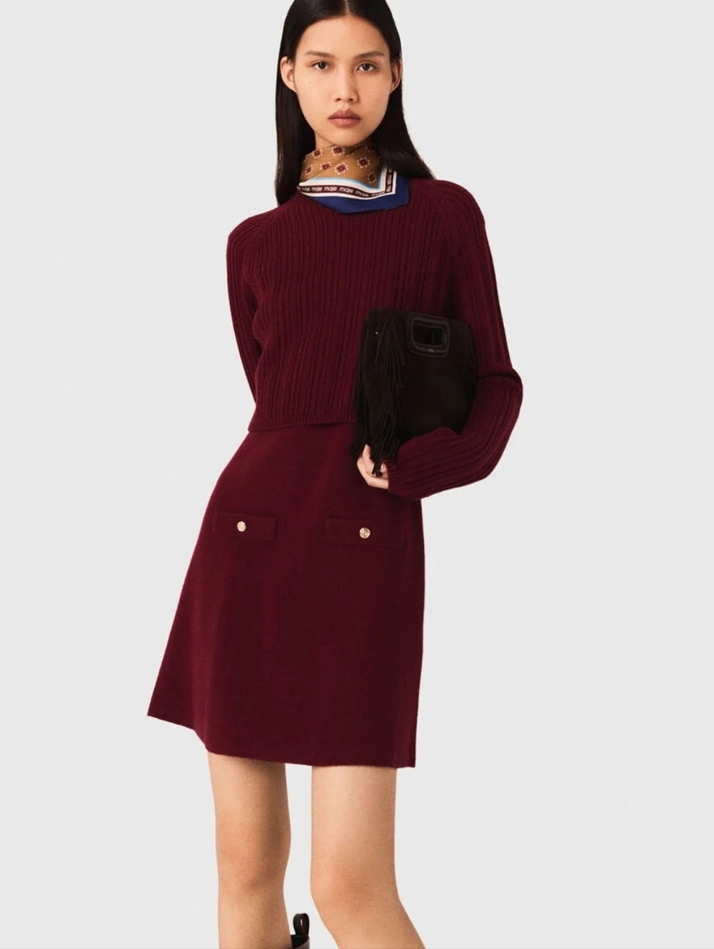 Maje Burgundy 2-in-1 Cable Knit Mini Dress sz 38